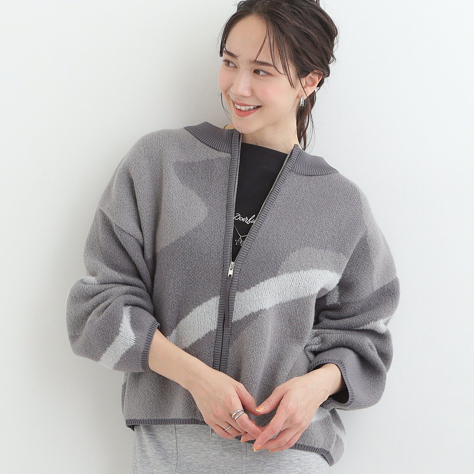 SHOO･LA･RUE「【選べる4柄】ダブルZIPで着こなし色々 柄カーディガン」|カーディガン|チャコールグレー(2