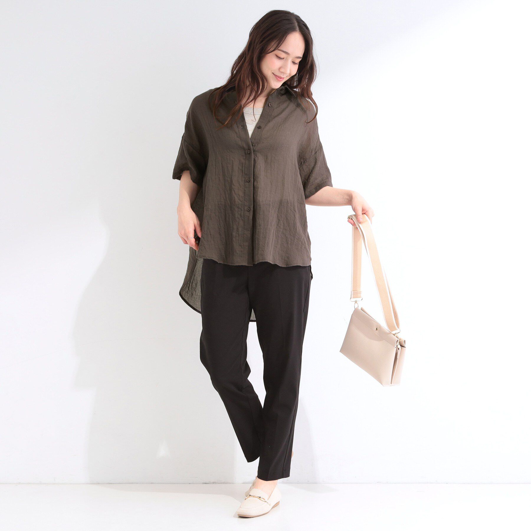 SHOO･LA･RUE「【S-LL】柔らかな透け感 5分袖シャツ」|シャツ・ブラウス|