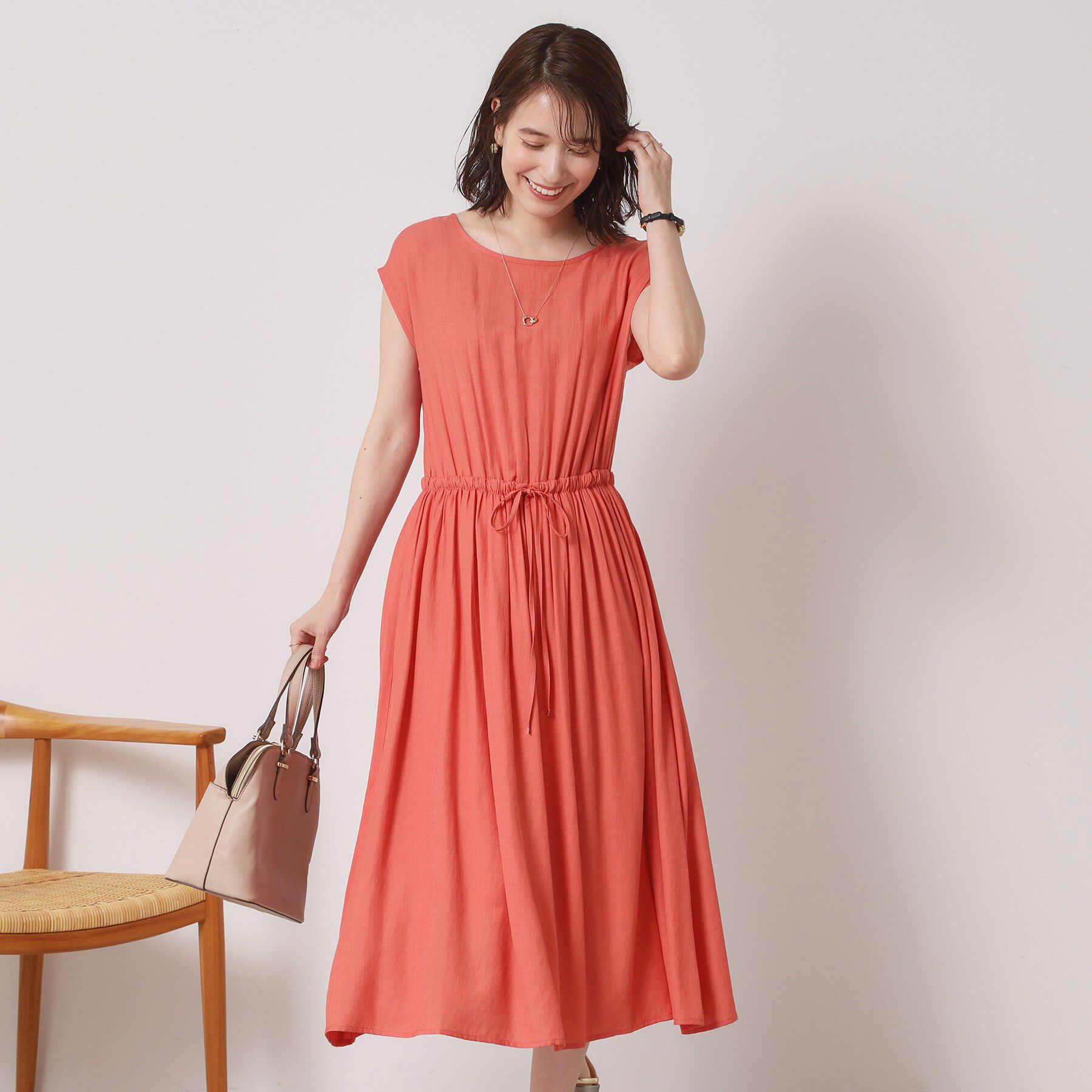 ITS&rsquo;DEMO「【さらりタッチ／手洗い可】強撚スラブブラウジングワンピース」|ワンピース|ピンク(073)