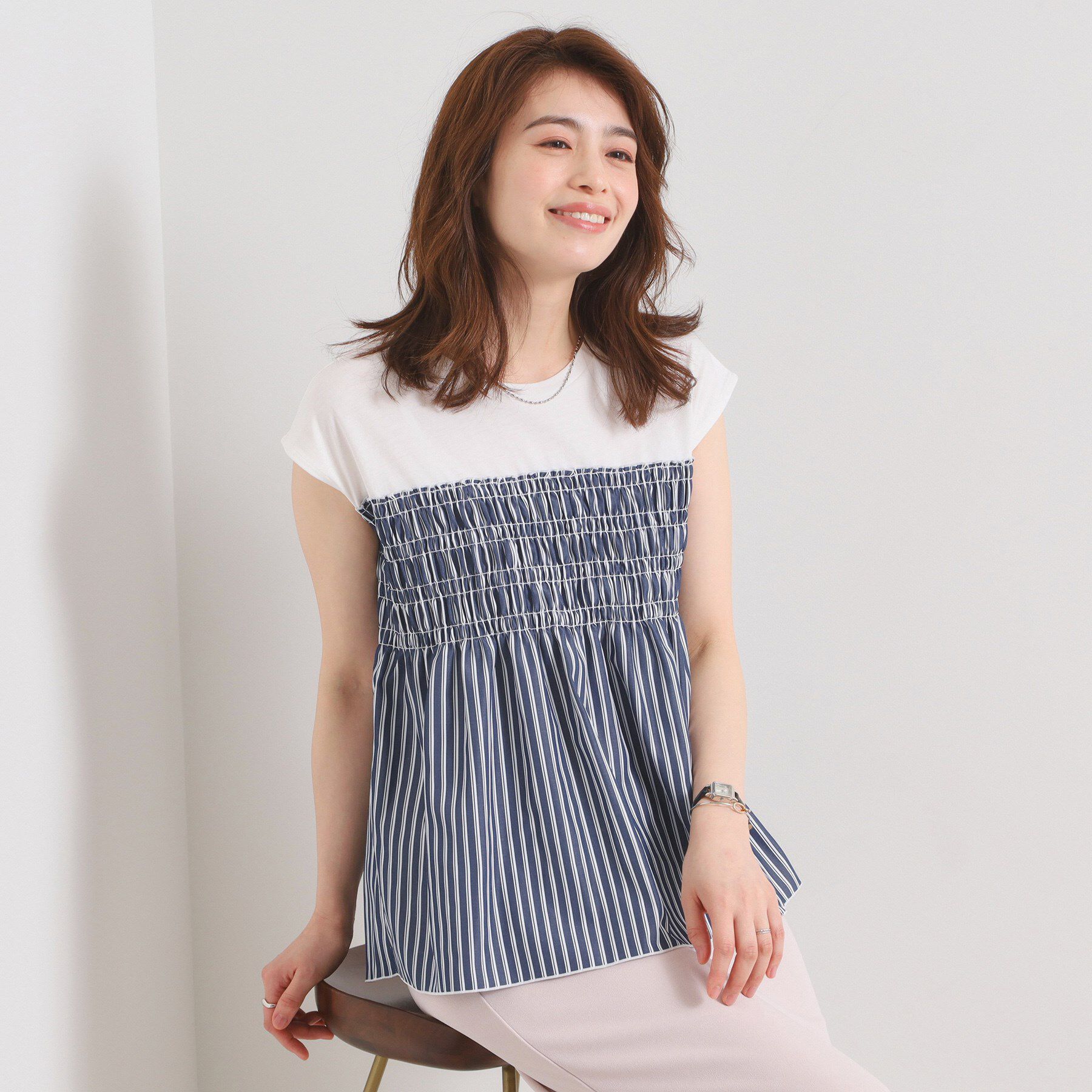 ITS&rsquo;DEMO「【手洗い可】ストライプビスチェ風トップス」|Tシャツ・カットソー|ネイビー(094)
