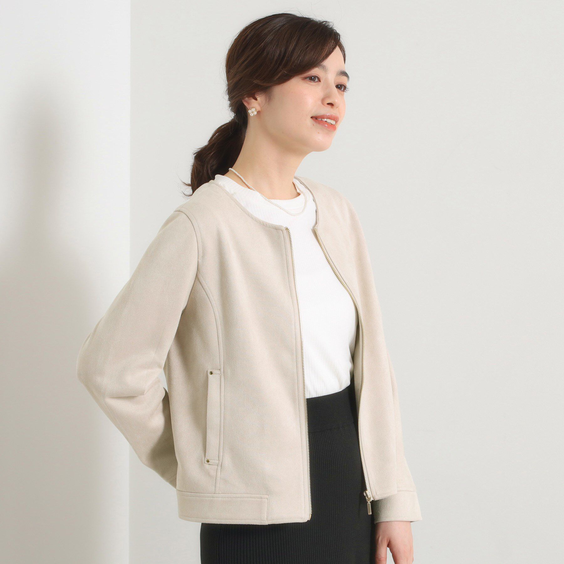 ITS&rsquo;DEMO「カットフェイクスエードジャケット」|ノーカラージャケット|グレージュ(050)