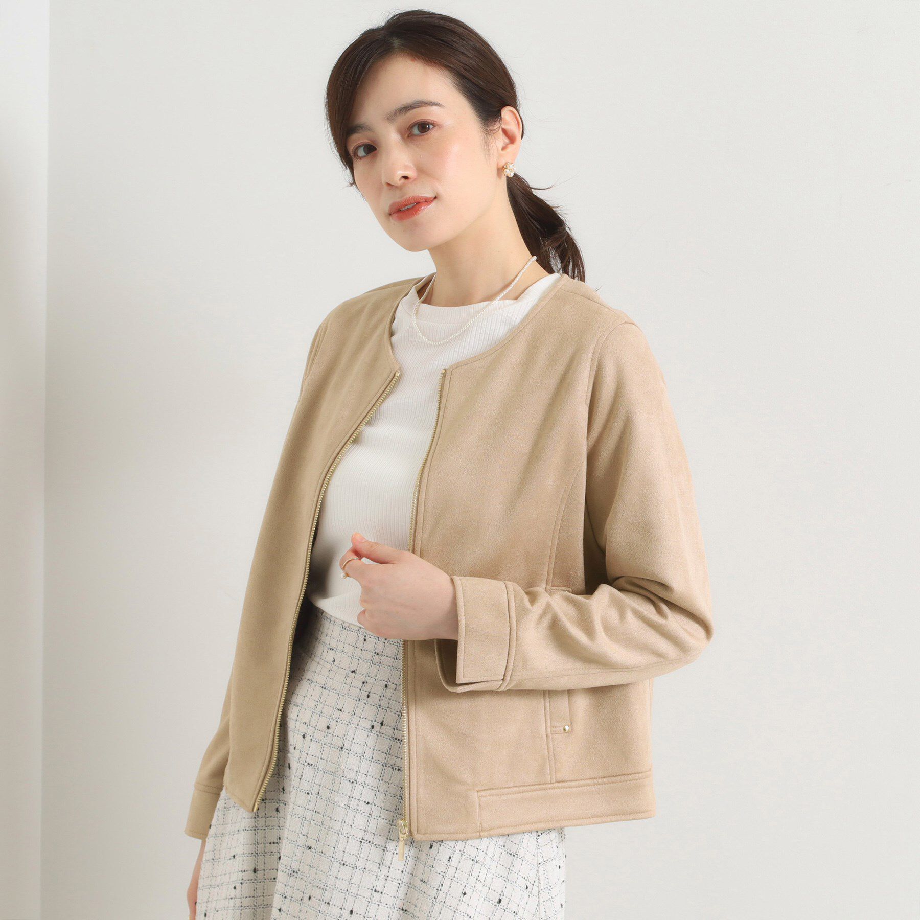 ITS&rsquo;DEMO「カットフェイクスエードジャケット」|ノーカラージャケット|ベージュ(052)