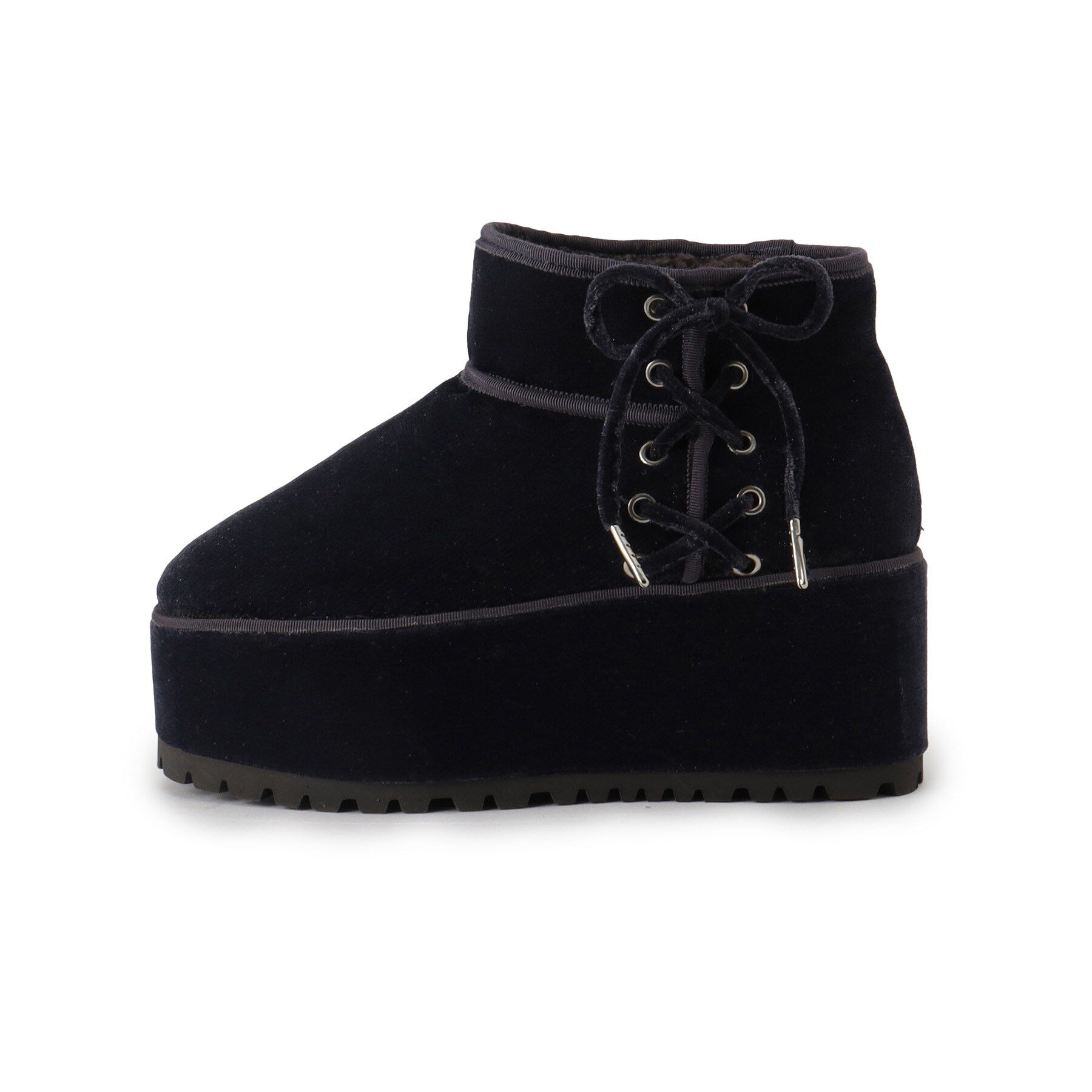 ESPERANZA「【EC先行販売】厚底レースアップリボンフェイクムートンブーツ」|ショートブーツ|