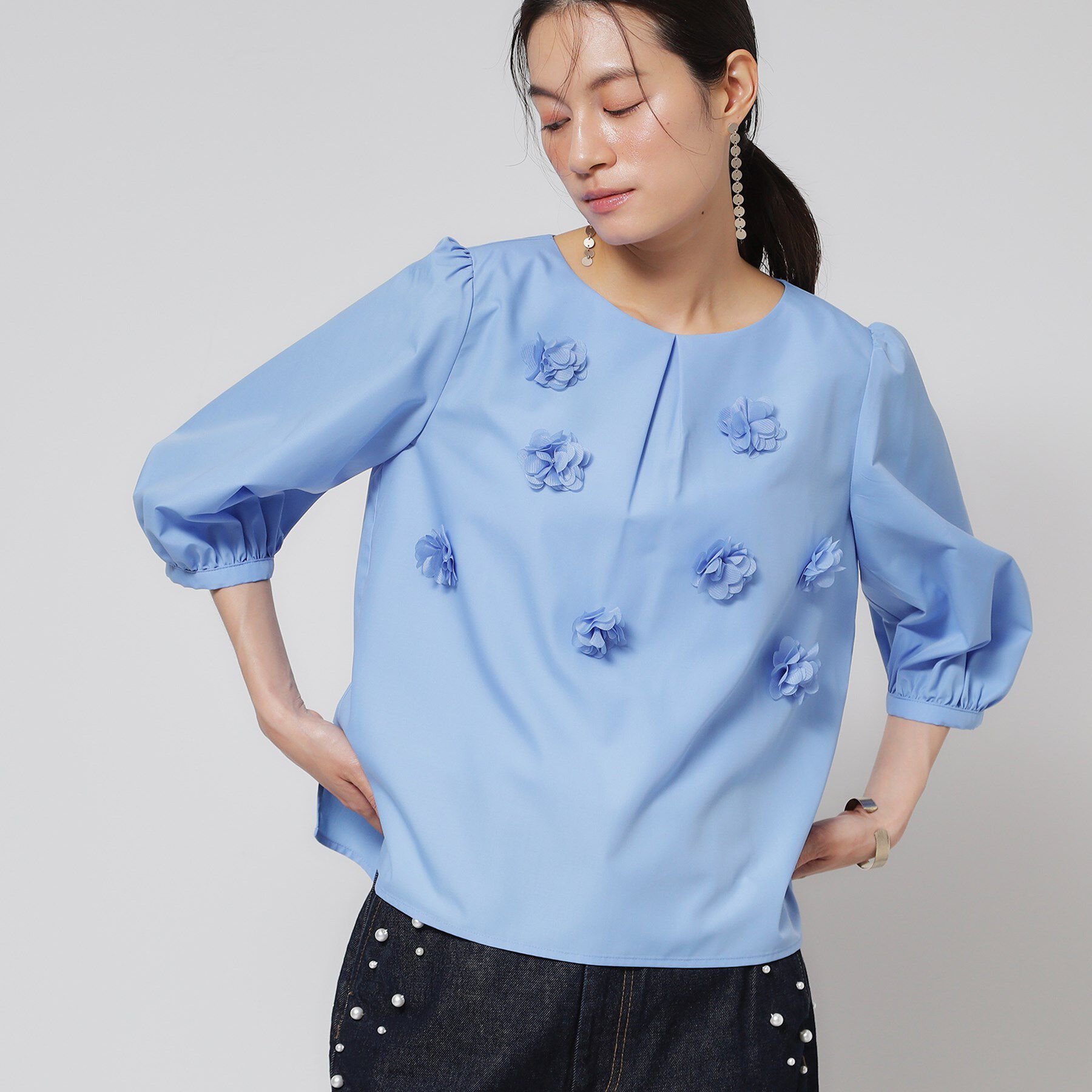 SunaUna「【接触冷感】フラワーパフスリーブブラウス」|シャツ・ブラウス|