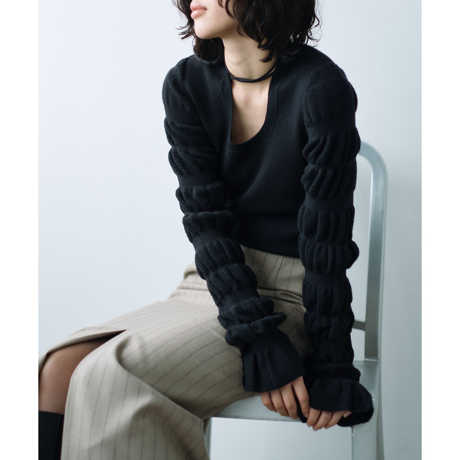 CODE A「gathered sleeves knit」|ニット・セーター|ブラック(019)