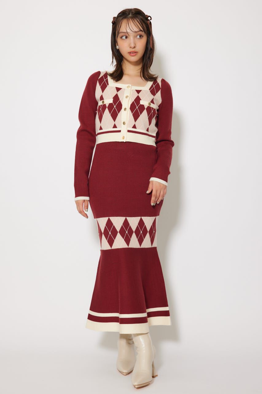 rienda「アーガイルバイカラーカーディガンセットニットワンピース」|ワンピース|