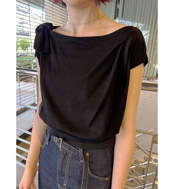 LAGUNAMOON「オフショルリボンドレープニット」|ニット・セーター|ブラック