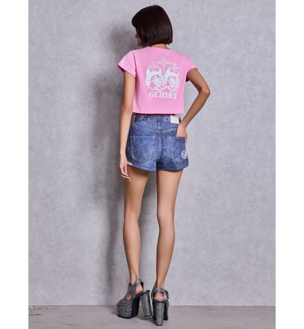 GYDA「ジャストウエストGYDA bijou sublimation printingデニムショートパンツ」|デニム|