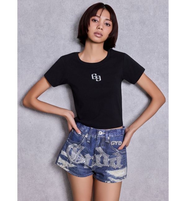 GYDA「ジャストウエストGYDA bijou sublimation printingデニムショートパンツ」|デニム|