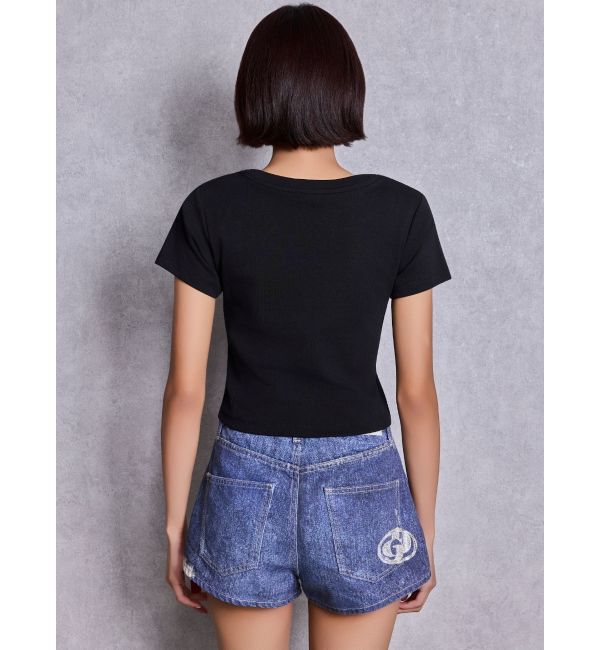 GYDA「ジャストウエストGYDA bijou sublimation printingデニムショートパンツ」|デニム|