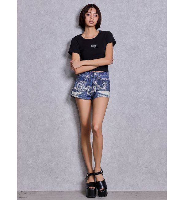 GYDA「ジャストウエストGYDA bijou sublimation printingデニムショートパンツ」|デニム|