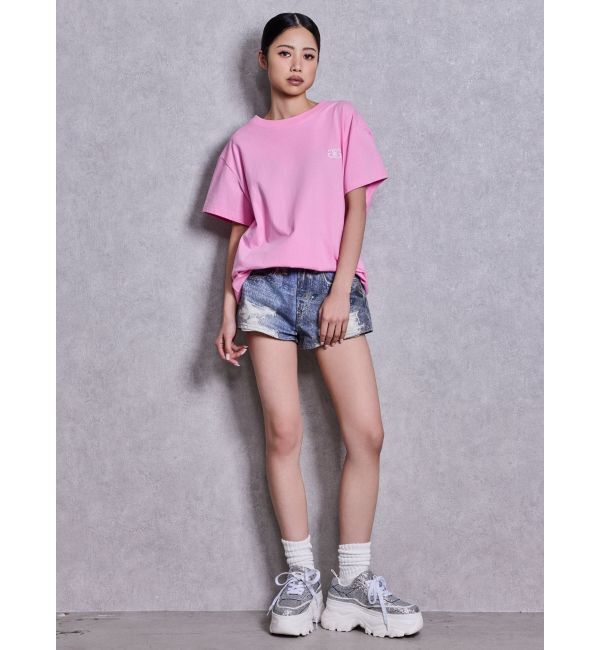 GYDA「ジャストウエストGYDA bijou sublimation printingデニムショートパンツ」|デニム|