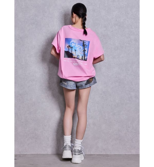 GYDA「ジャストウエストGYDA bijou sublimation printingデニムショートパンツ」|デニム|