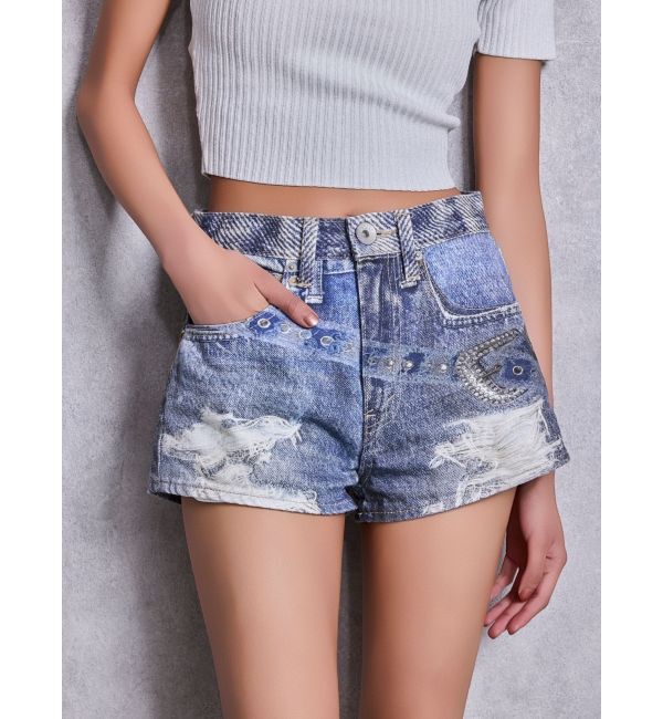GYDA「ジャストウエストGYDA bijou sublimation printingデニムショートパンツ」|デニム|