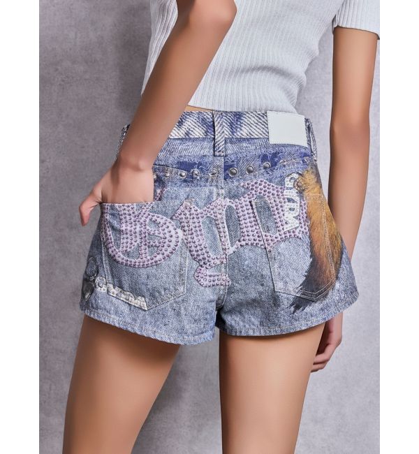 GYDA「ジャストウエストGYDA bijou sublimation printingデニムショートパンツ」|デニム|