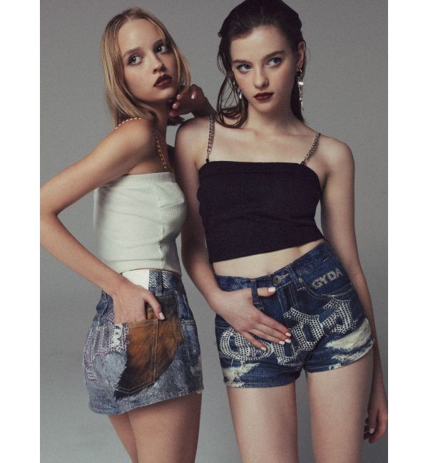 GYDA「ジャストウエストGYDA bijou sublimation printingデニムショートパンツ」|デニム|