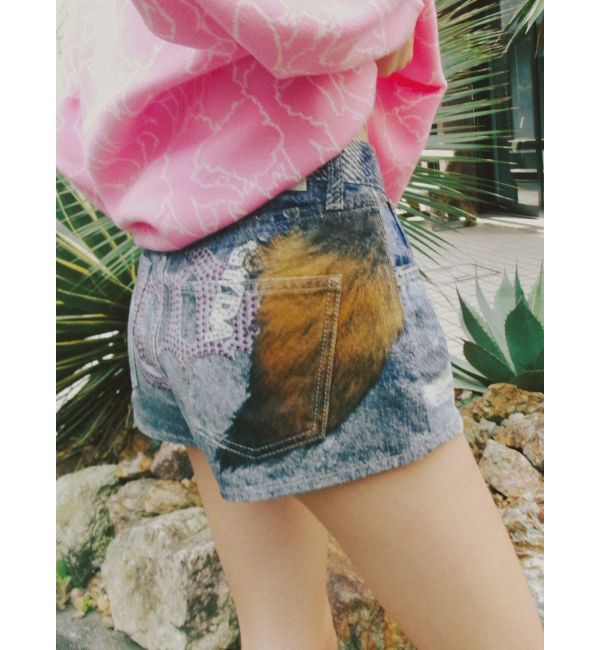 GYDA「ジャストウエストGYDA bijou sublimation printingデニムショートパンツ」|デニム|