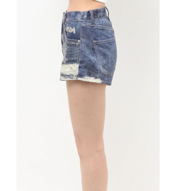 GYDA「ジャストウエストGYDA bijou sublimation printingデニムショートパンツ」|デニム|