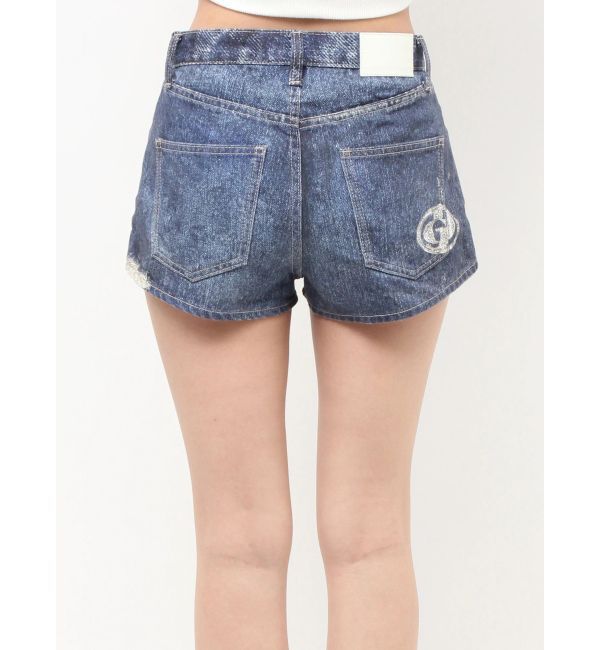 GYDA「ジャストウエストGYDA bijou sublimation printingデニムショートパンツ」|デニム|