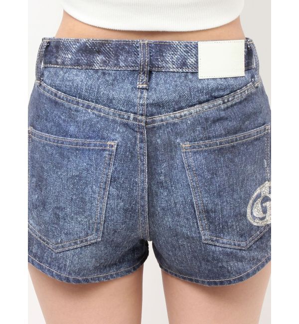 GYDA「ジャストウエストGYDA bijou sublimation printingデニムショートパンツ」|デニム|