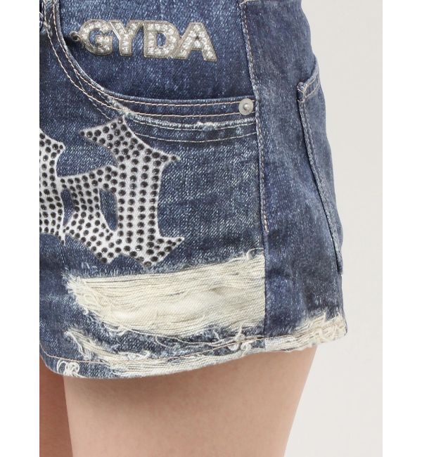 GYDA「ジャストウエストGYDA bijou sublimation printingデニムショートパンツ」|デニム|