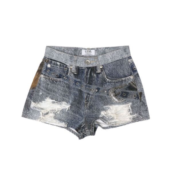 GYDA「ジャストウエストGYDA bijou sublimation printingデニムショートパンツ」|デニム|