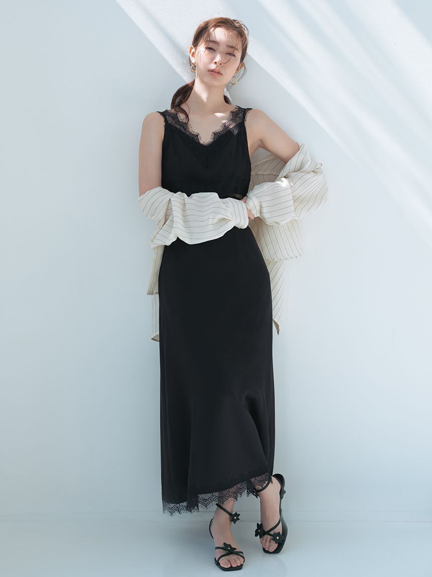 FRAY I.D「サイドカッティングレーストリムキャミワンピース」|ワンピース|BLK