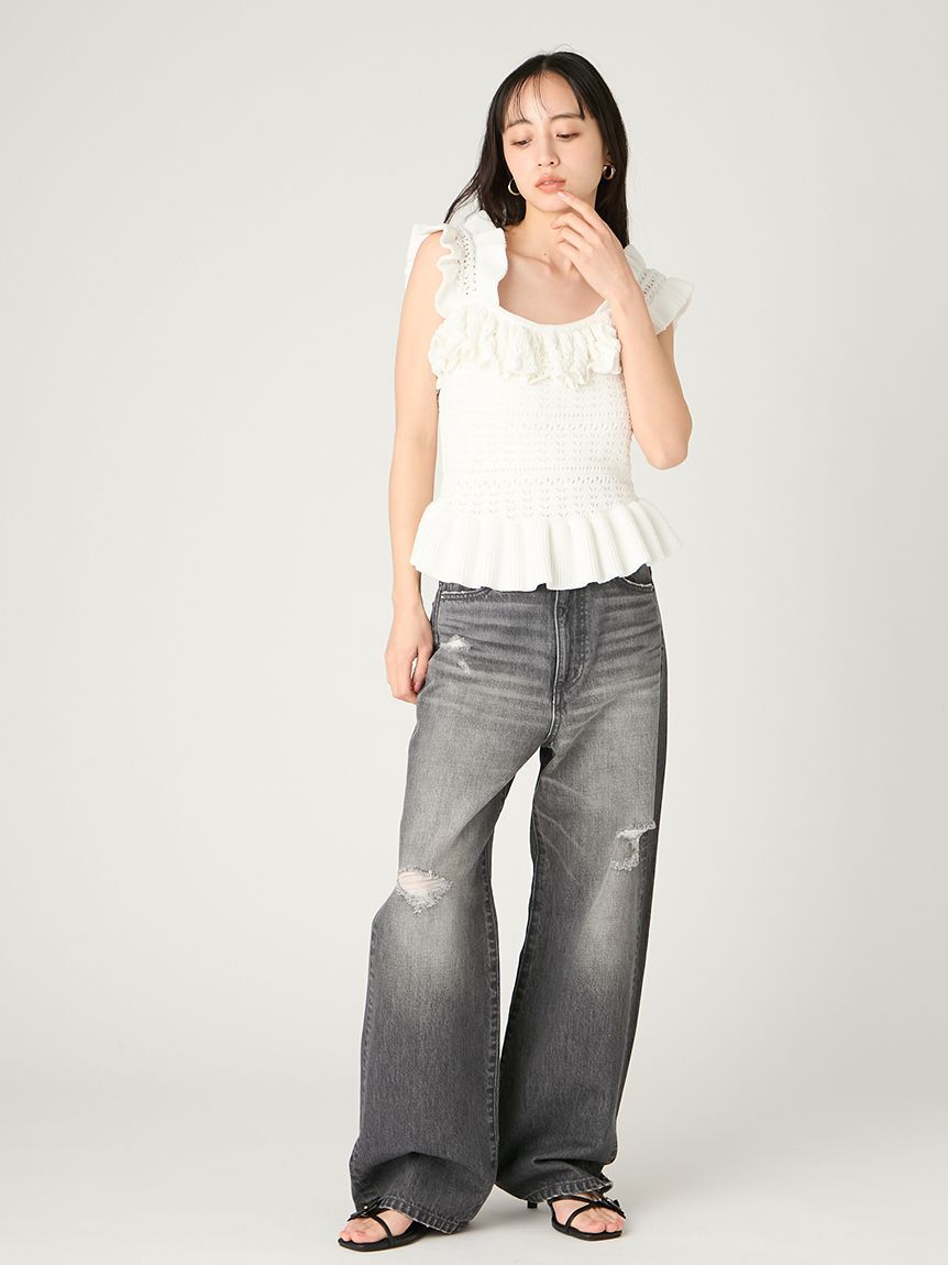 FRAY I.D「ハイライズダメージデニムパンツ」|デニム|