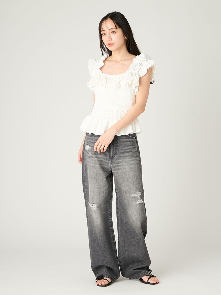 FRAY I.D「ハイライズダメージデニムパンツ」|デニム|