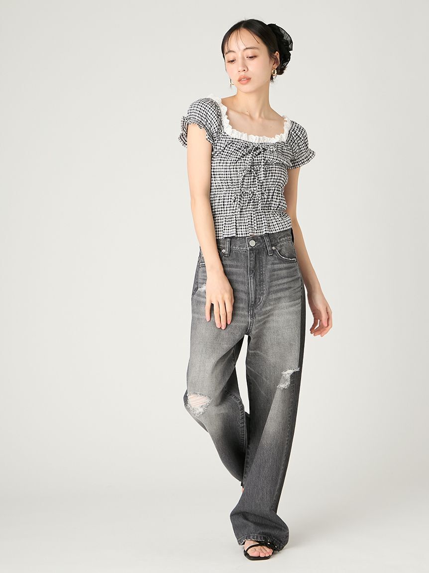 FRAY I.D「ハイライズダメージデニムパンツ」|デニム|