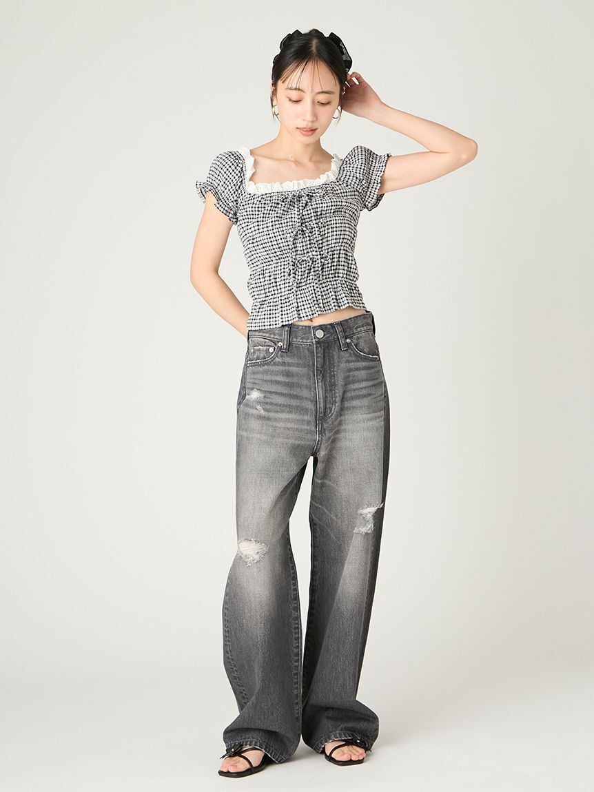 FRAY I.D「ハイライズダメージデニムパンツ」|デニム|