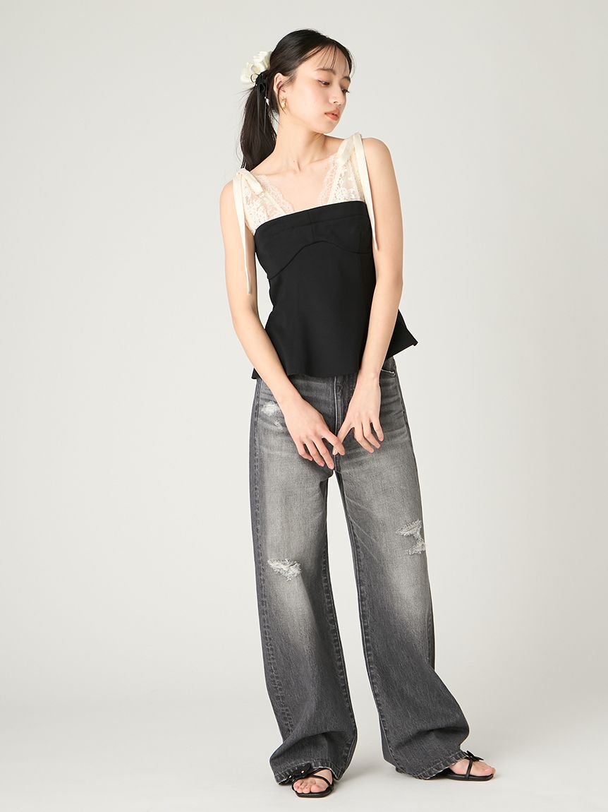 FRAY I.D「ハイライズダメージデニムパンツ」|デニム|