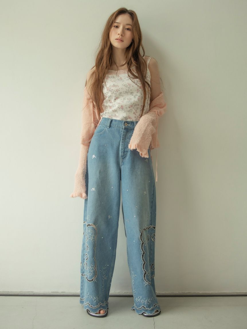 LILY BROWN「[L.B CANDY STOCK]カットワークビジューデニムパンツ」|デニム|