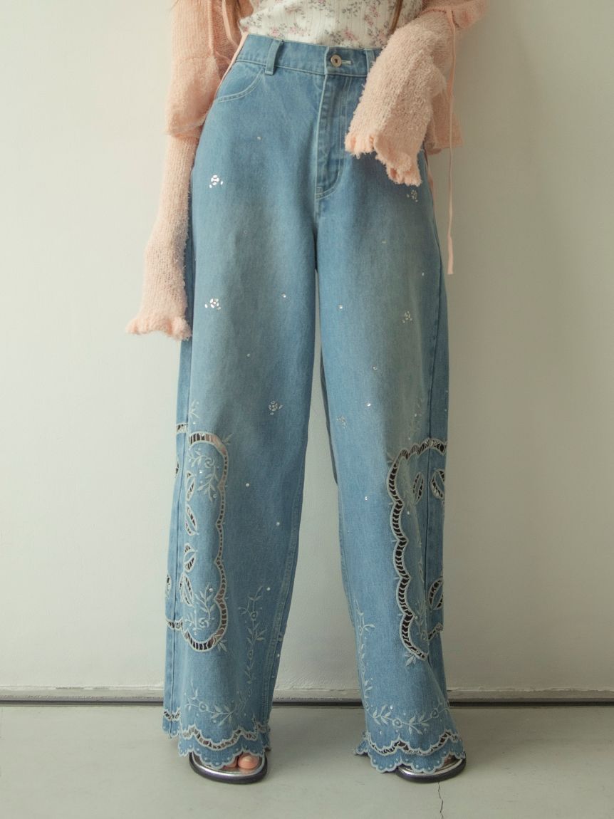 LILY BROWN「[L.B CANDY STOCK]カットワークビジューデニムパンツ」|デニム|BLU