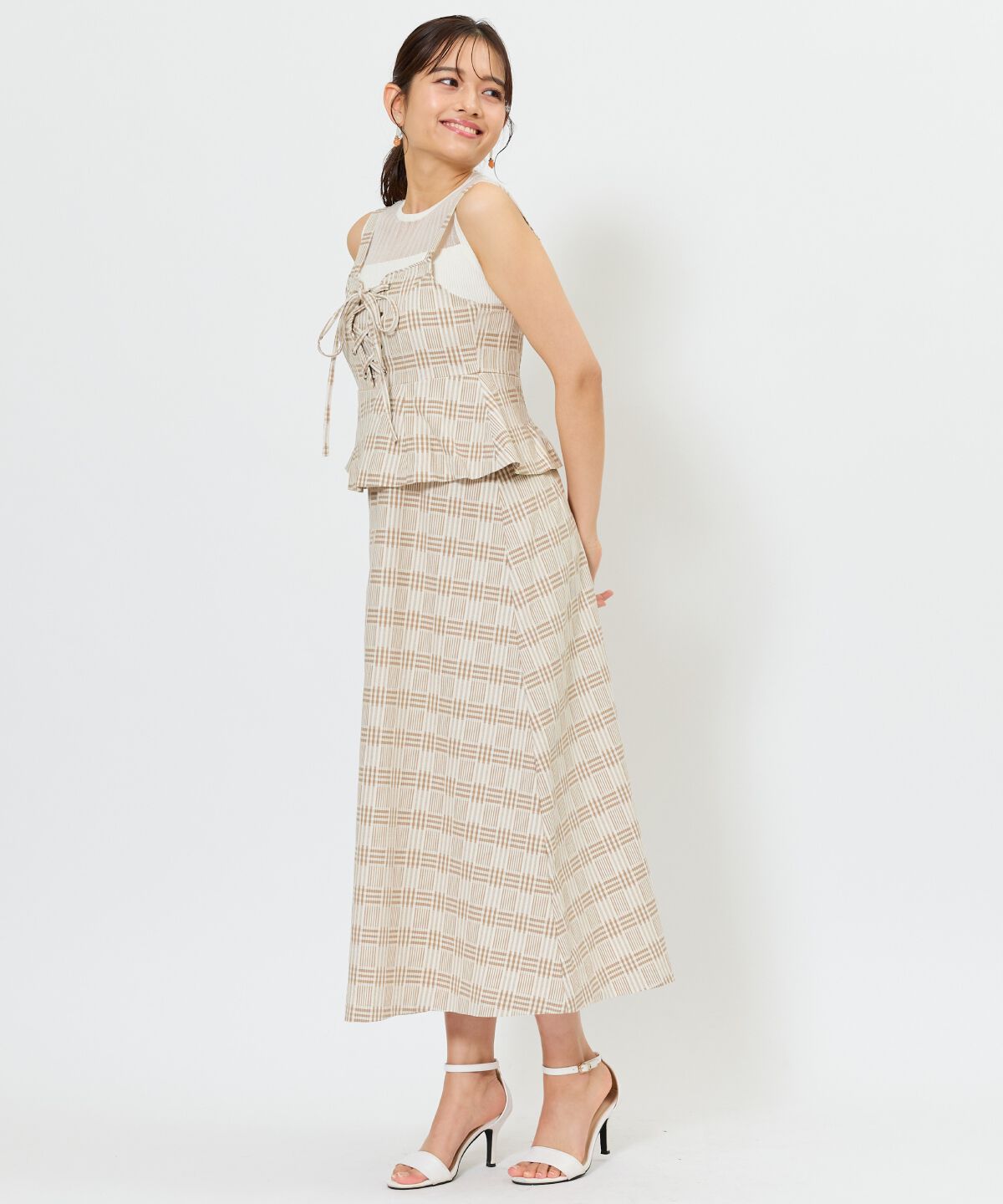 アンドクチュール「フロントレースアップチェックジャンスカ」|ジャンパースカート|