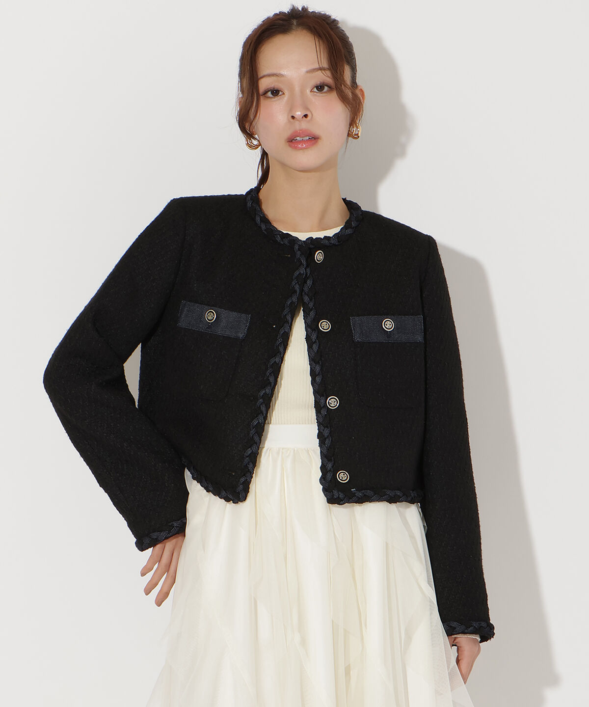 アンドクチュール「デニムコンビツイードジャケット」|ノーカラージャケット|