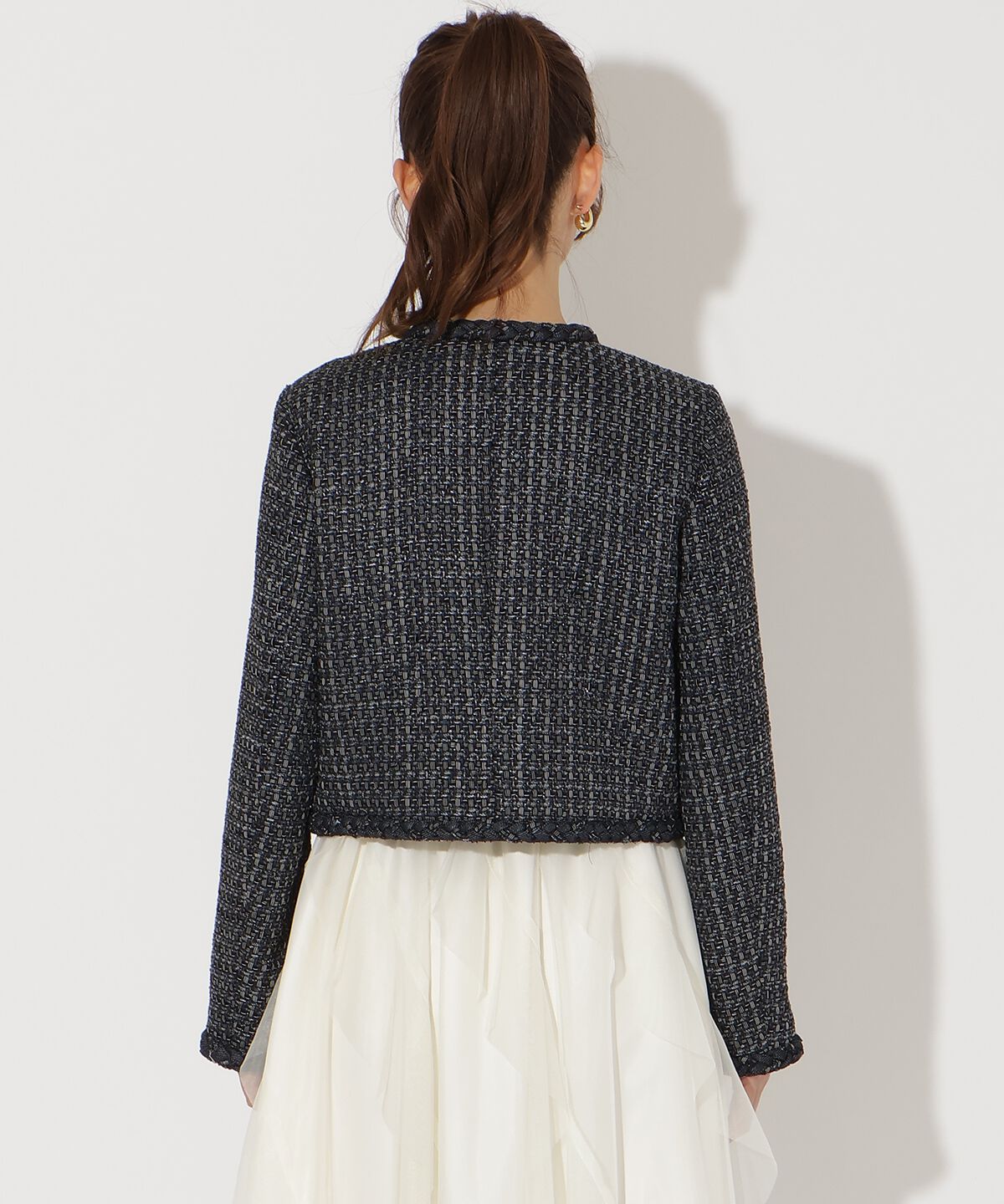 アンドクチュール「デニムコンビツイードジャケット」|ノーカラージャケット|