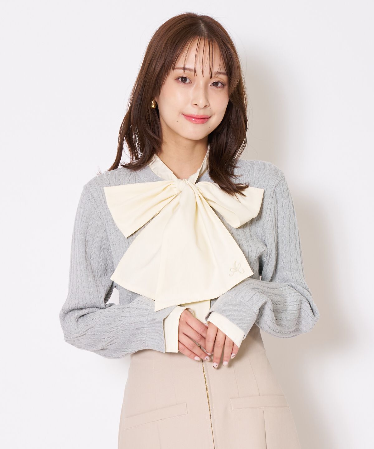 アンドクチュール「ボウタイニットプルオーバー」|ニット・セーター|ライトグレー