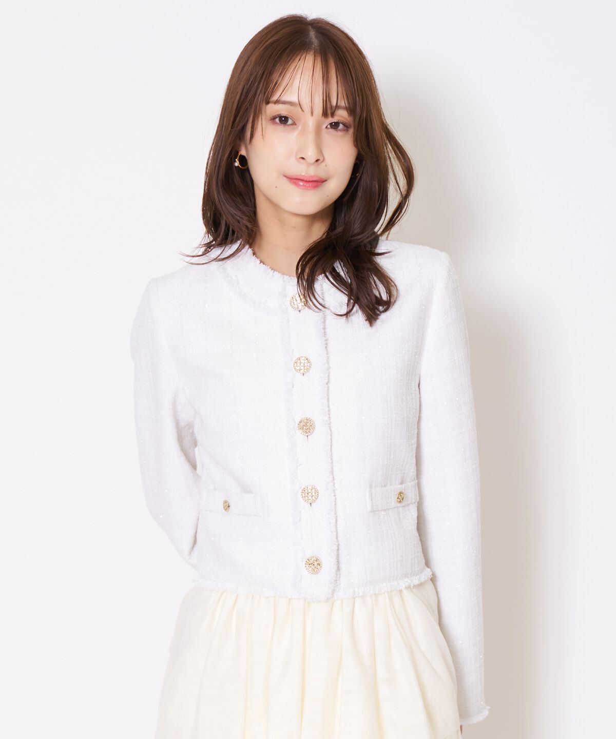 アンドクチュール「ツイードジャケット」|ノーカラージャケット|オフ