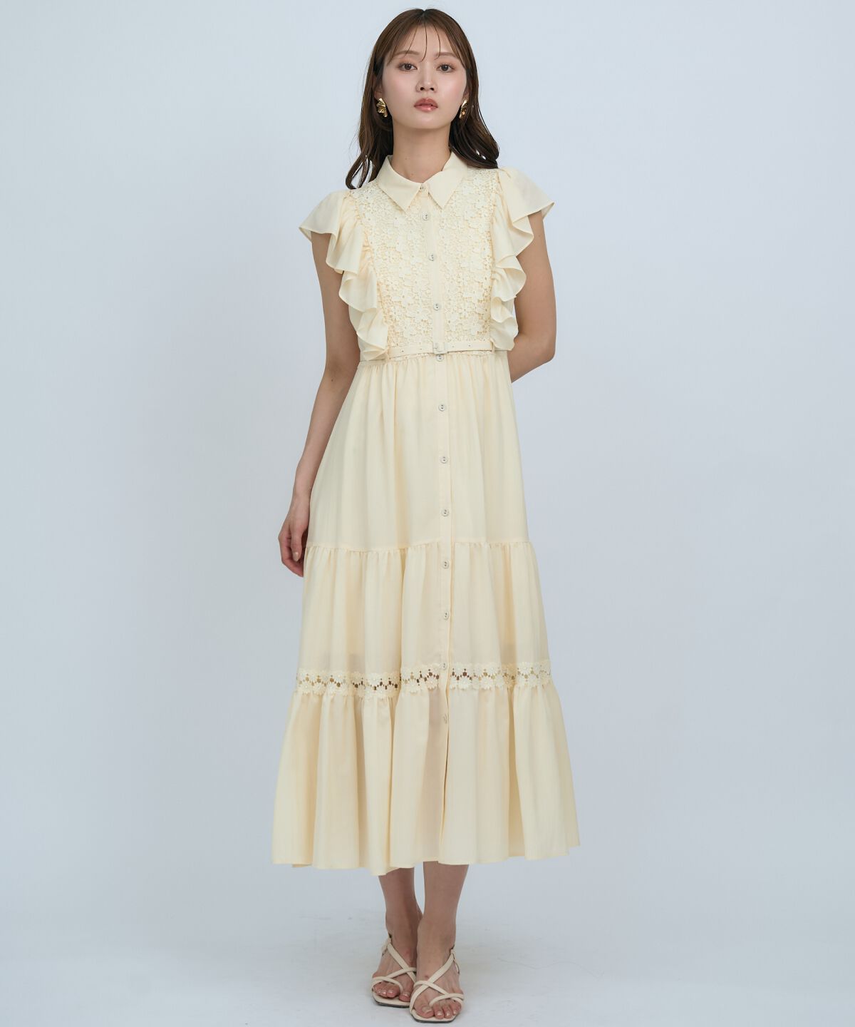 アンドクチュール「レースフリルシャツワンピース」|ワンピース|イエロー