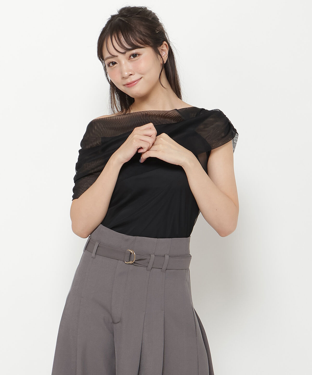 REDYAZEL「アシメドレープチュールトップス」|Tシャツ・カットソー|ブラック