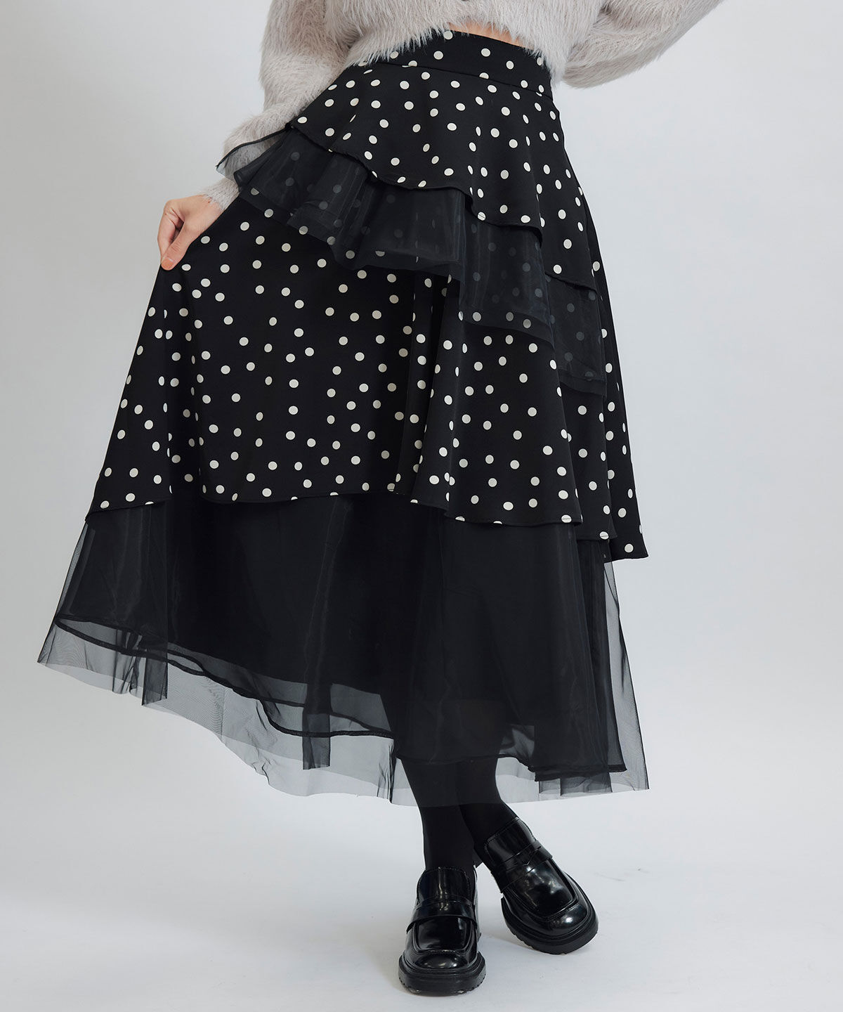 REDYAZEL「ドットチュールティアードロングスカート」|フレア|