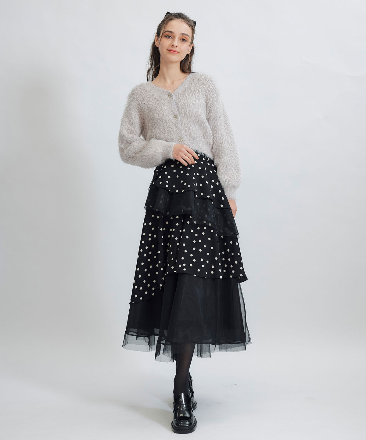 REDYAZEL「ドットチュールティアードロングスカート」|フレア|