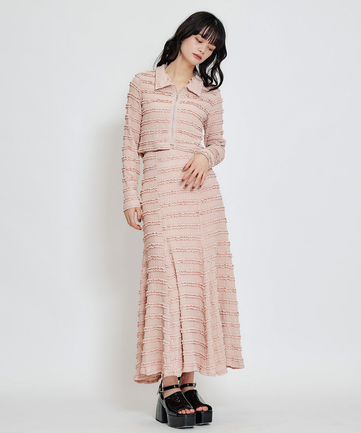 REDYAZEL「ミニフリルZIPブラウス&times;ミニフリルフレアロングスカートセットアップ」|ワンピース|