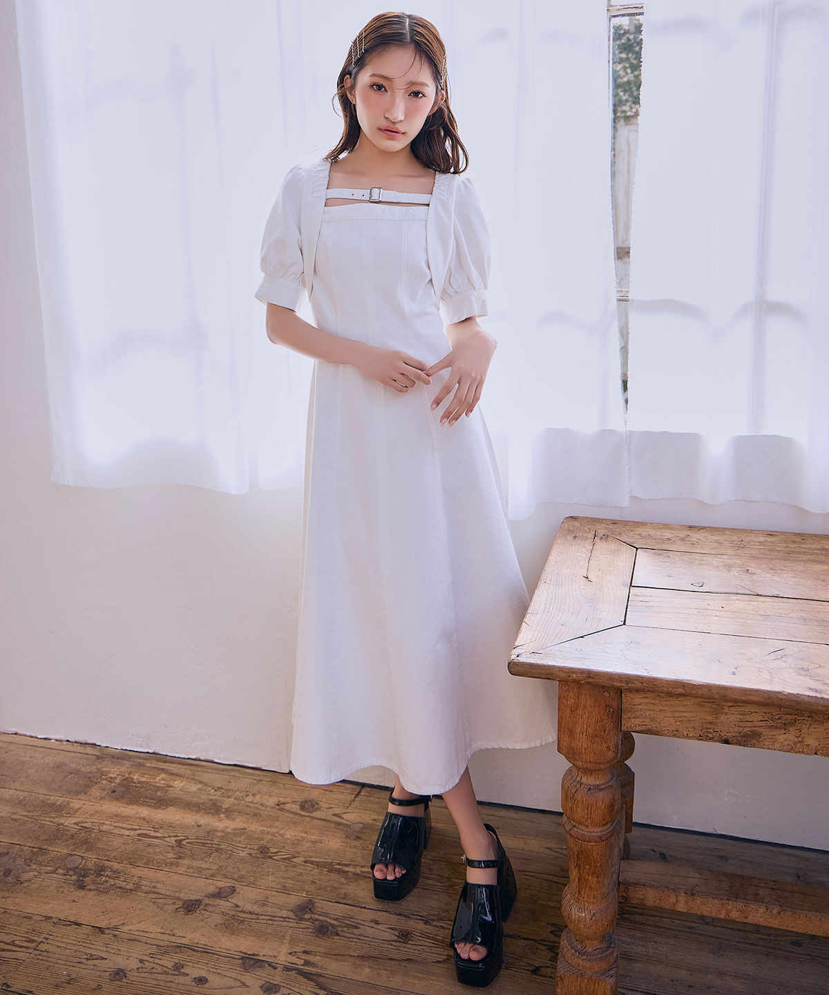 REDYAZEL「デコルテベルトデニムフレアロングワンピース」|ワンピース|