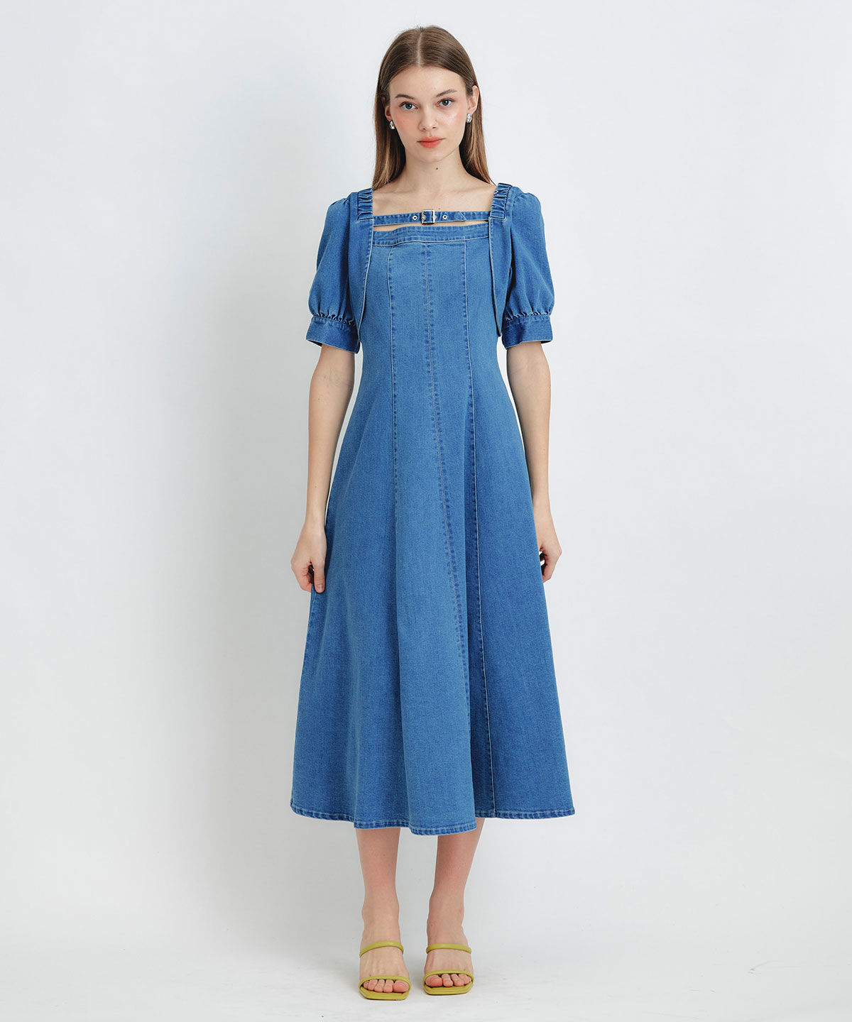 REDYAZEL「デコルテベルトデニムフレアロングワンピース」|ワンピース|