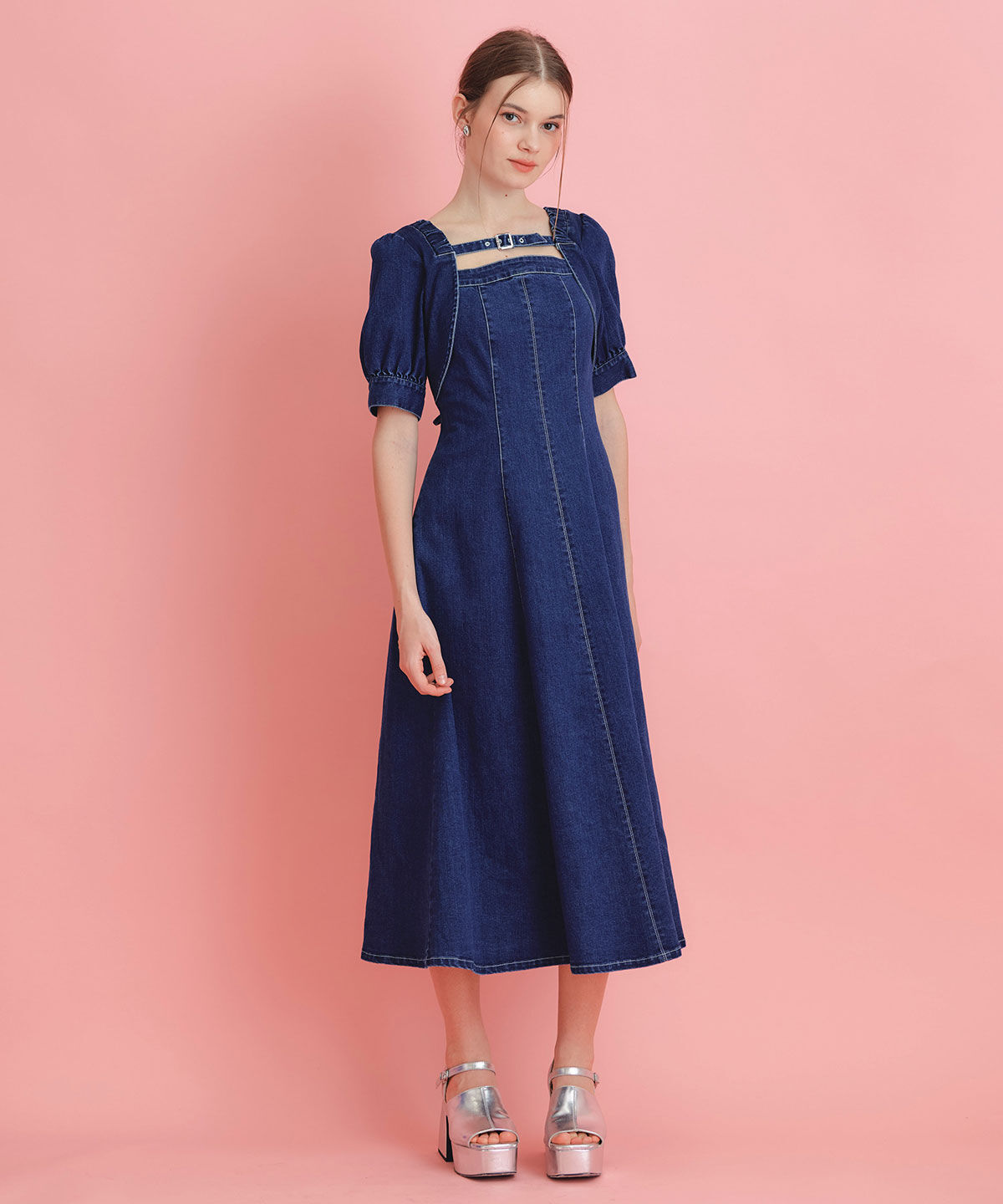 REDYAZEL「デコルテベルトデニムフレアロングワンピース」|ワンピース|