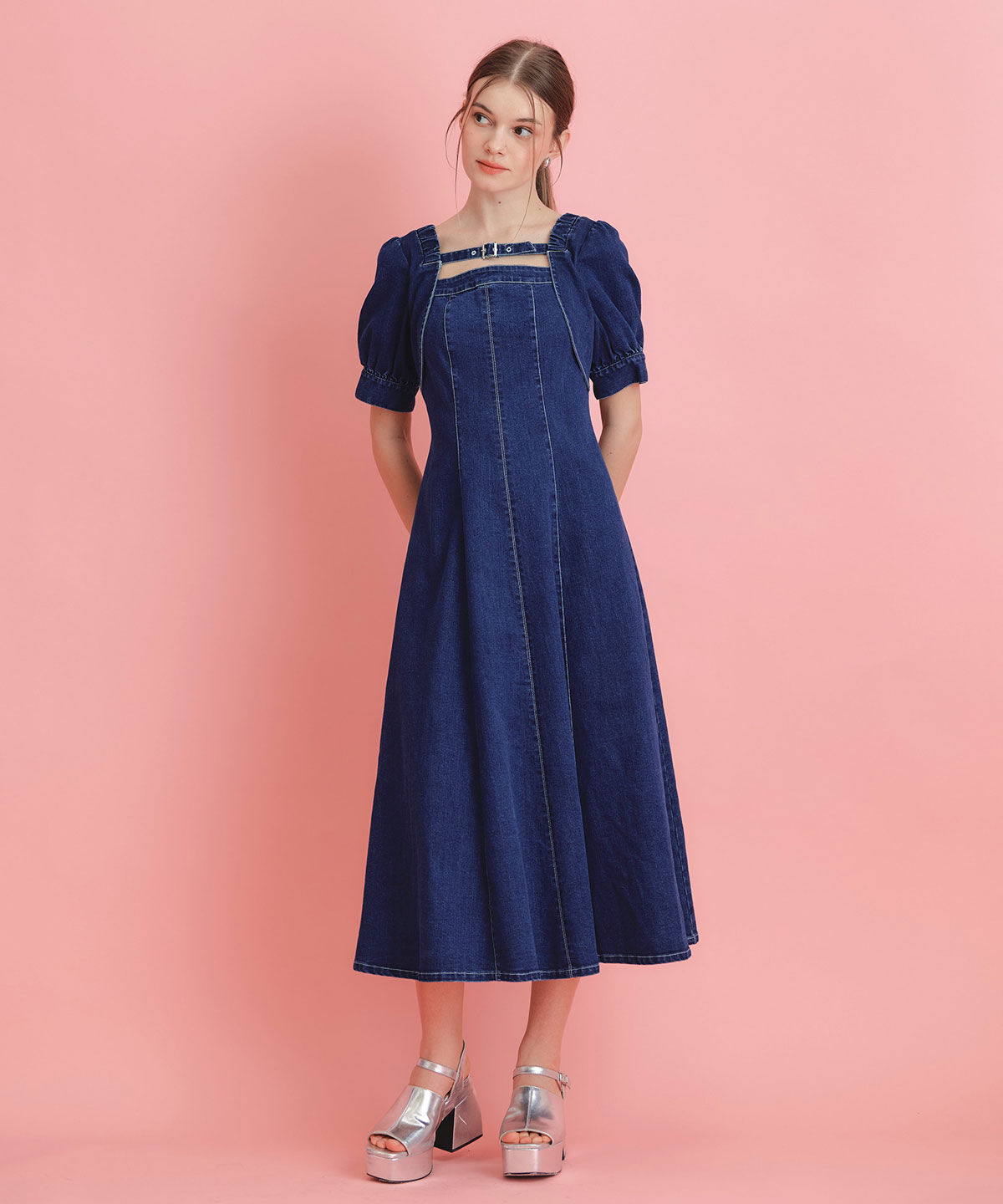 REDYAZEL「デコルテベルトデニムフレアロングワンピース」|ワンピース|