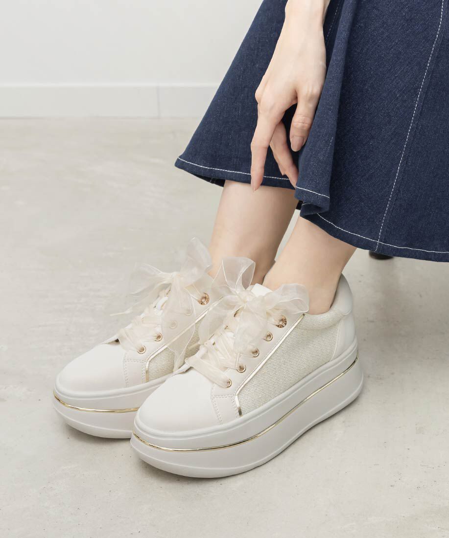  「2WAY シアーリボンプラットフォームスニーカー」|スニーカー|アイボリー