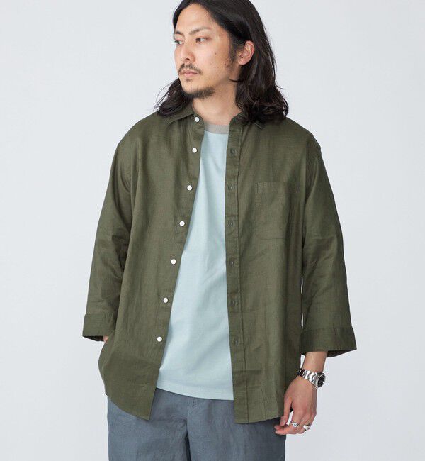 SHIPS「SHIPS: SOLOTEX(R) サフィラン リネン 7分袖 シャツ」|シャツ・ブラウス|オリーブ
